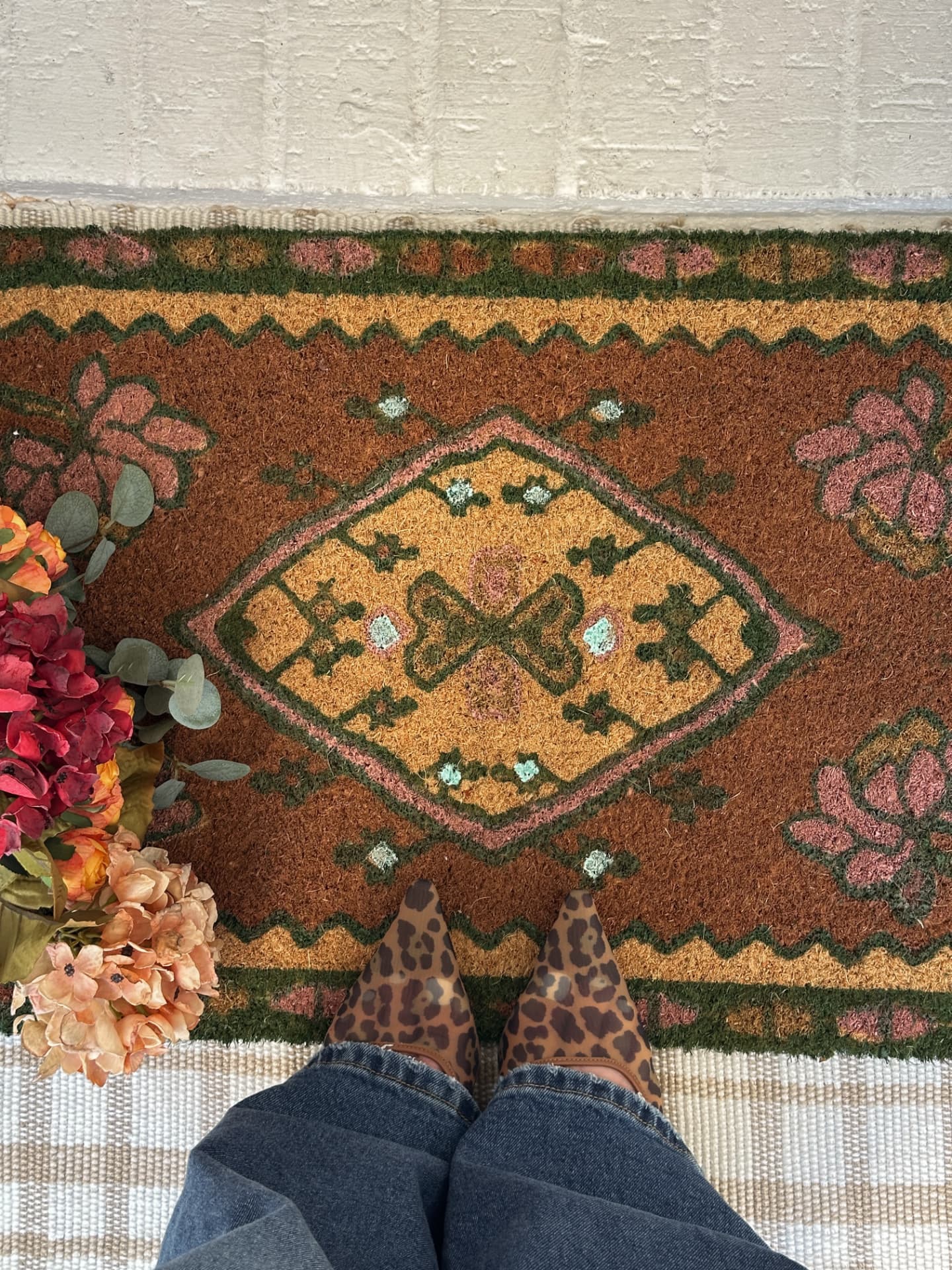 Fall doormat with layered florals and leopard flats