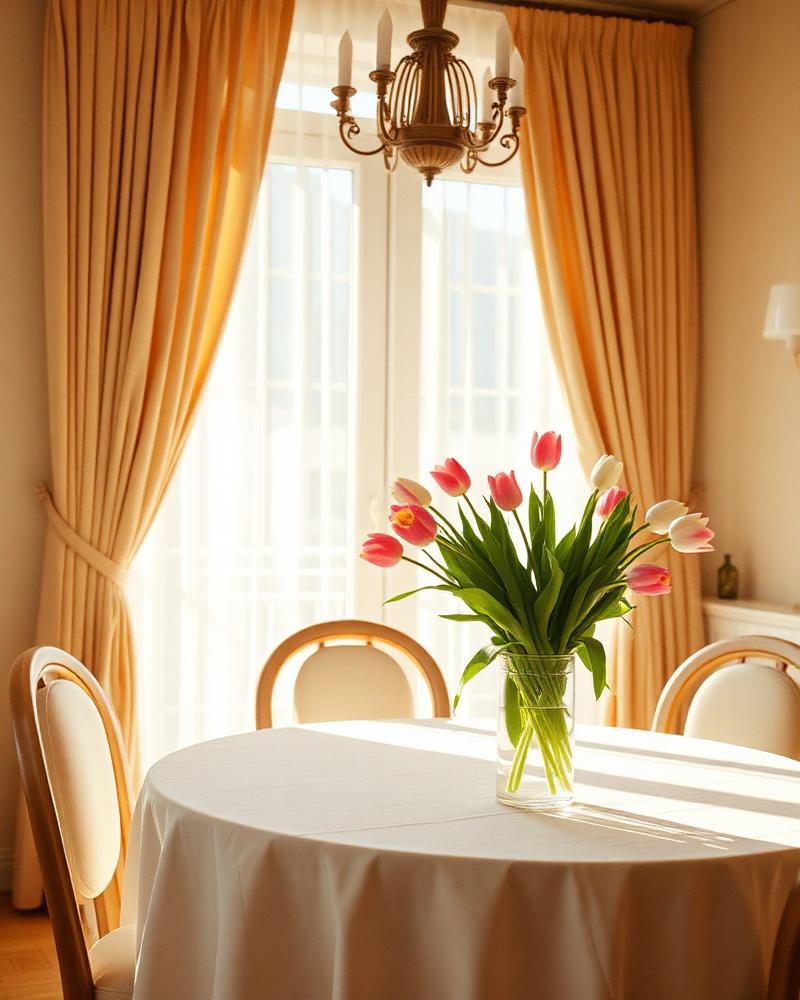 A sunlit table set with tulips